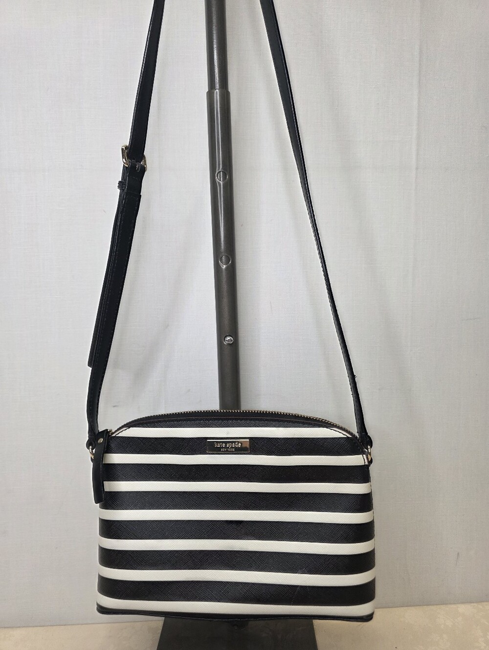Kate Spade Black & White Striped Saffiano Leather Dome Crossbody Bag